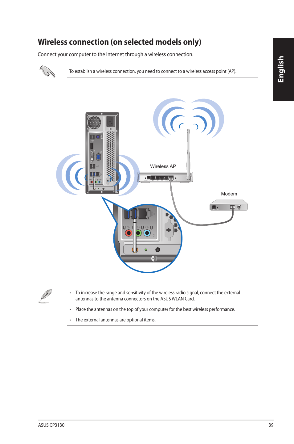 Wireless connection (on selected models only), Wireless.connection.(on.selected.models.only), English | Asus CP3130 User Manual | Page 41 / 342