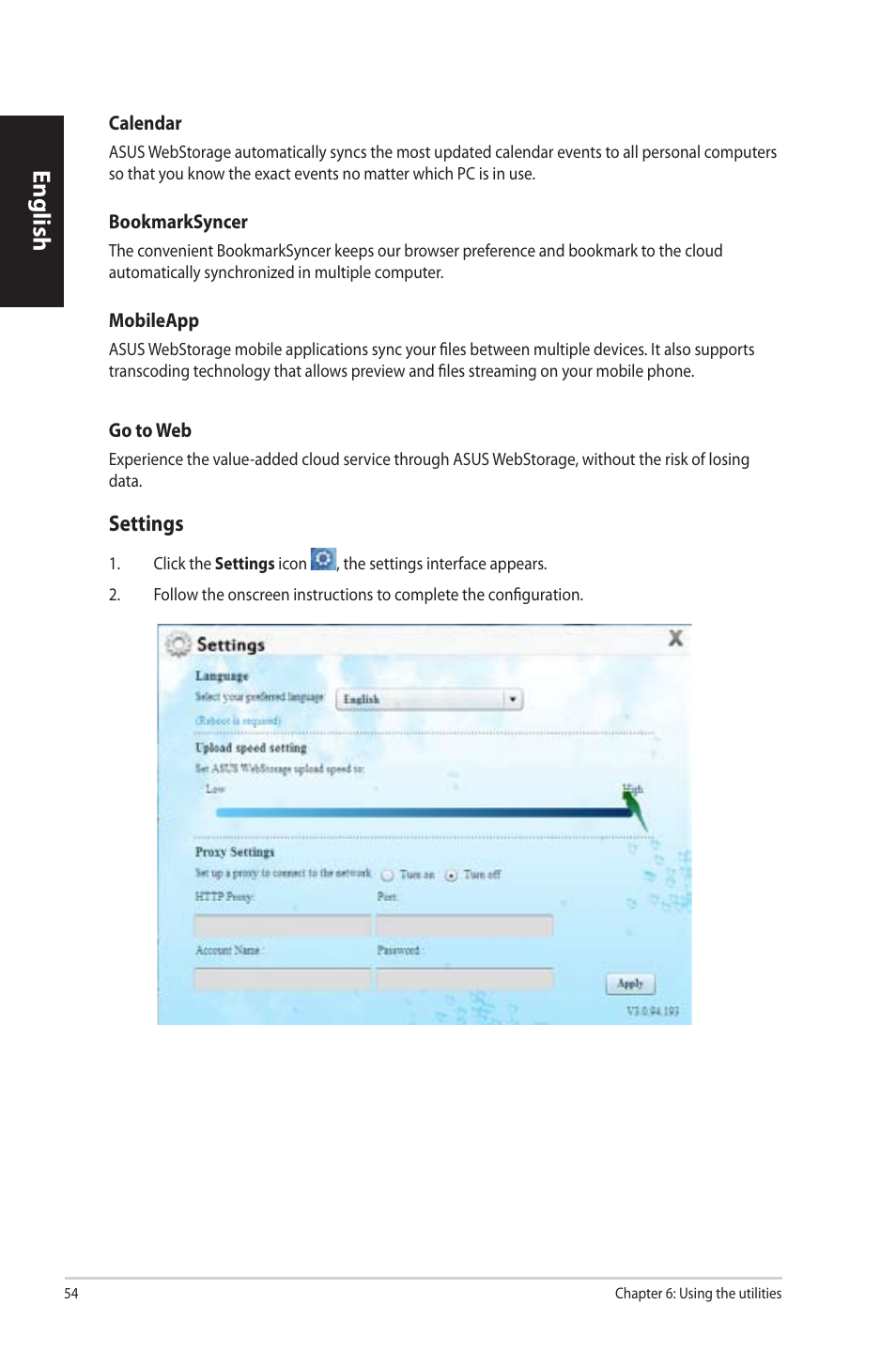 English, Settings | Asus CP3130 User Manual | Page 56 / 342