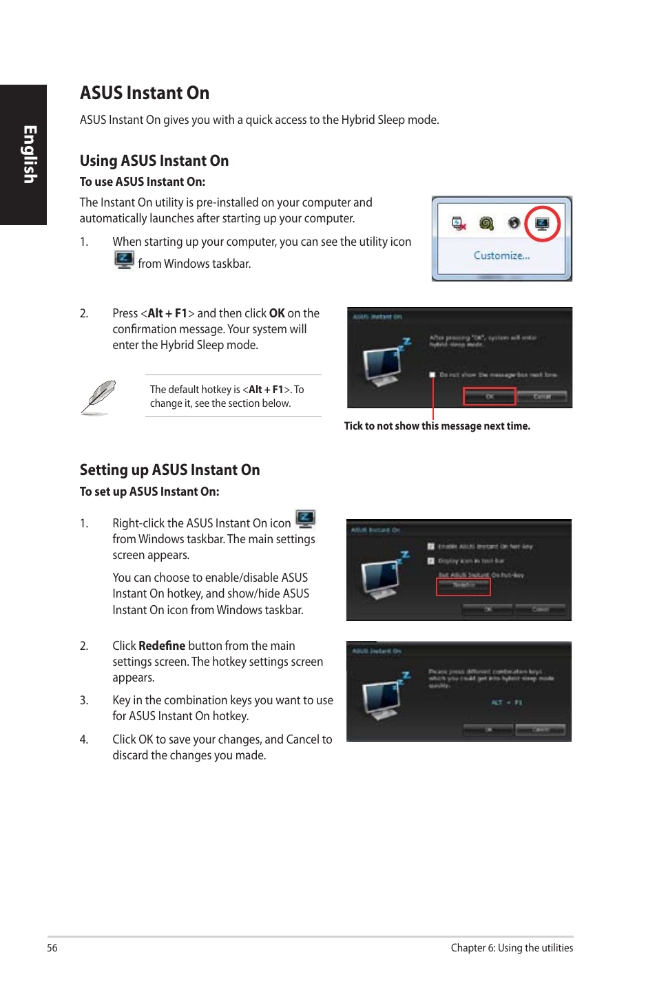 Asus instant on, Asus.instant.on, English | Using.asus.instant.on, Setting.up.asus.instant.on | Asus CP3130 User Manual | Page 58 / 342