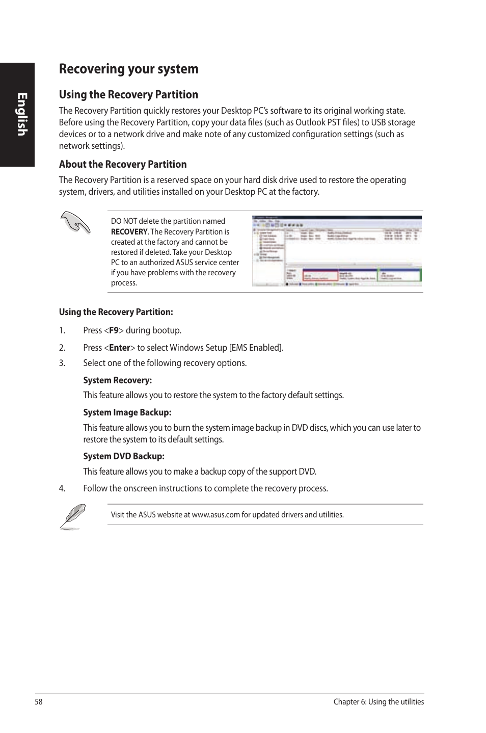 Recovering your system, Recovering.your.system, English | Using.the.recovery.partition | Asus CP3130 User Manual | Page 60 / 342