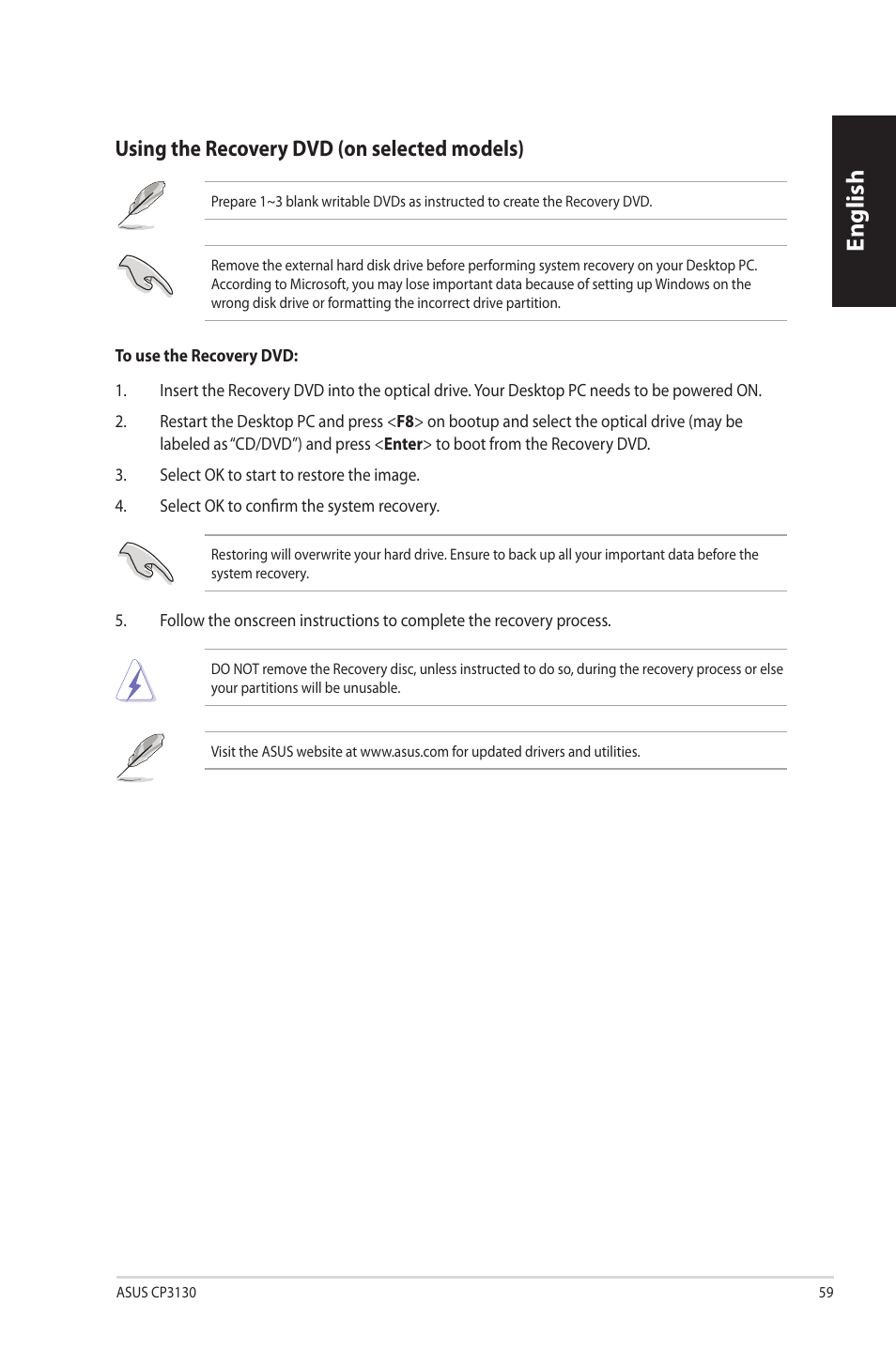 English, Using.the.recovery.dvd.(on.selected.models) | Asus CP3130 User Manual | Page 61 / 342