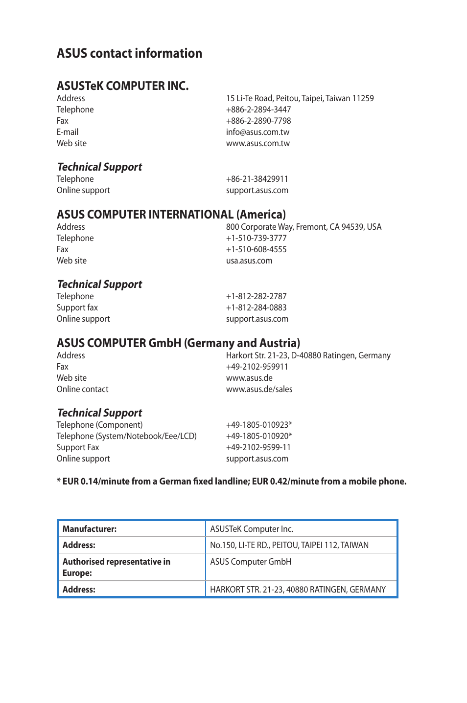 Asus contact information, Asus.contact.information, Technical.support | Asus CP3130 User Manual | Page 70 / 342