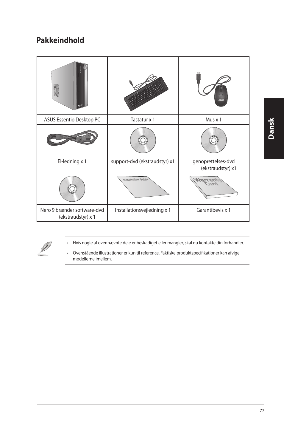 Pakkeindhold, Dansk | Asus CP3130 User Manual | Page 79 / 342