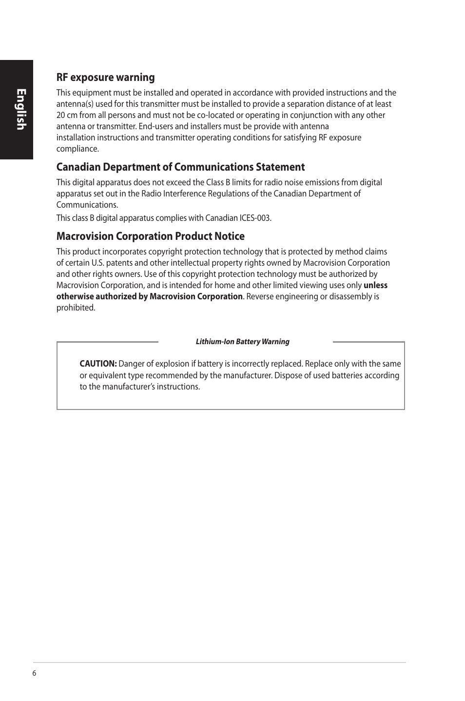 English, Rf.exposure.warning, Macrovision.corporation.product.notice | Asus CP3130 User Manual | Page 8 / 342