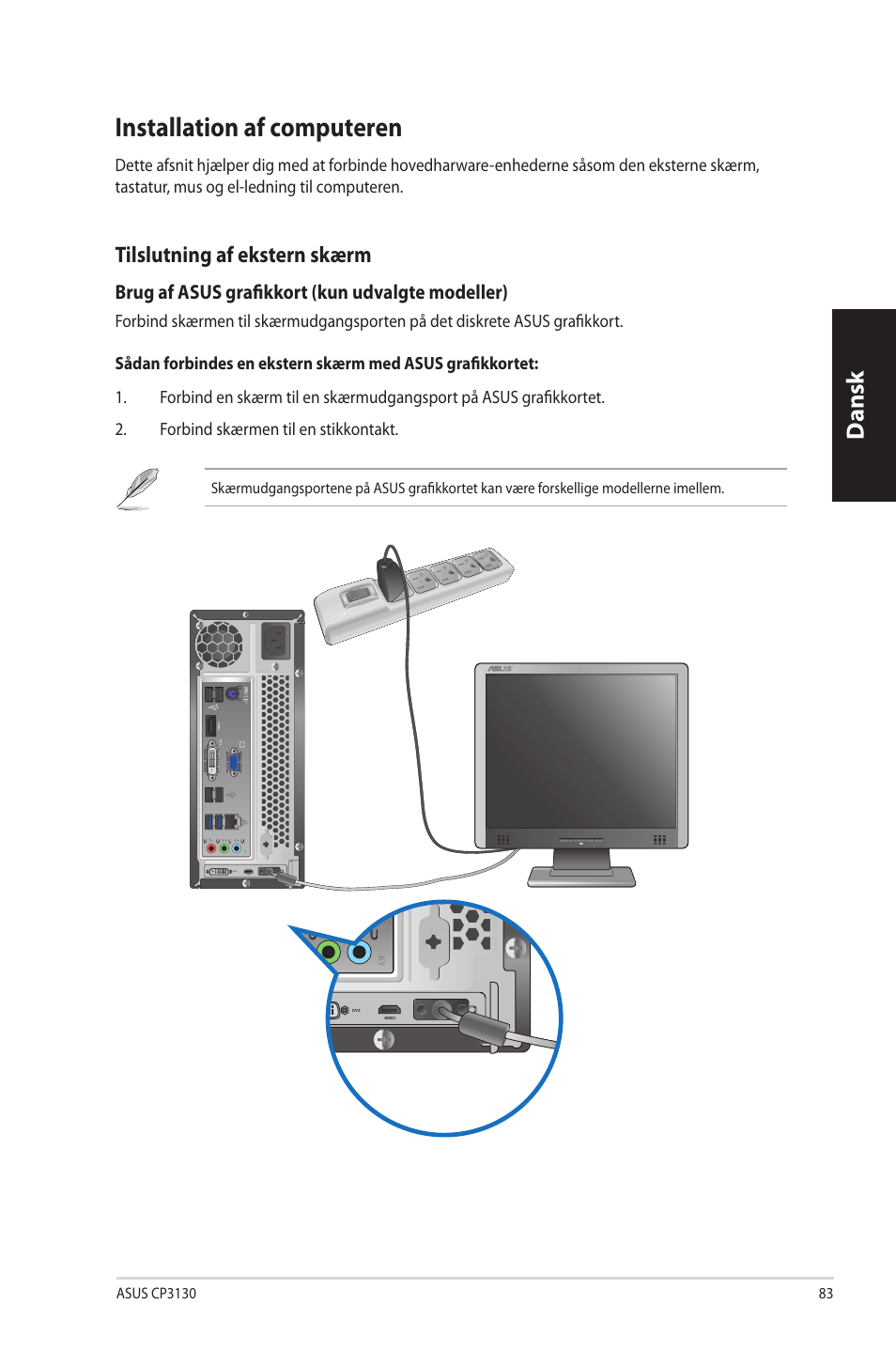 Installation af computeren, Dansk, Tilslutning.af.ekstern.skærm | Asus CP3130 User Manual | Page 85 / 342