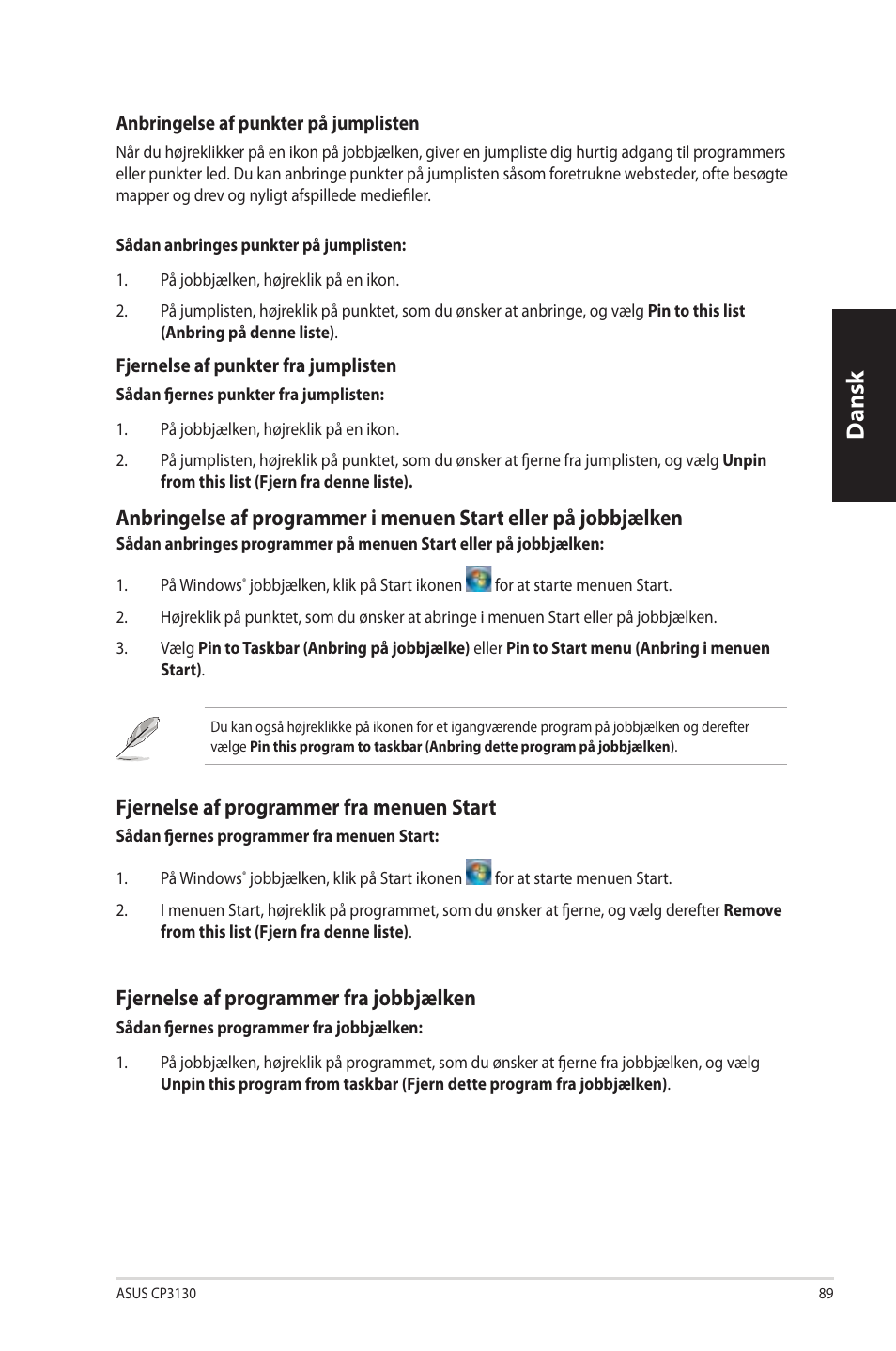 Dansk, Fjernelse.af.programmer.fra.menuen.start, Fjernelse.af.programmer.fra.jobbjælken | Asus CP3130 User Manual | Page 91 / 342