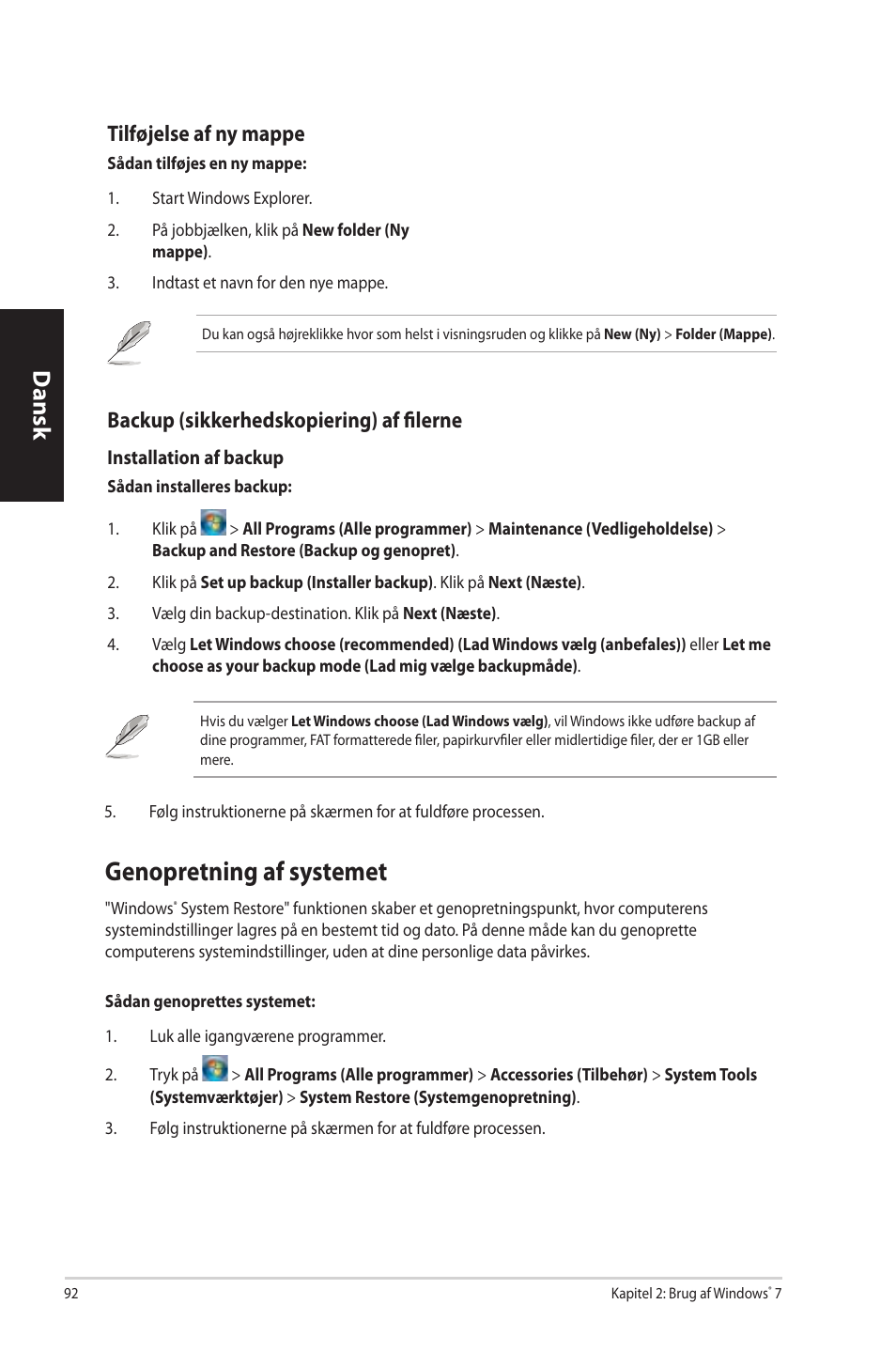 Genopretning af systemet, Genopretning.af.systemet, Dansk | Tilføjelse.af.ny.mappe, Backup.(sikkerhedskopiering).af.filerne | Asus CP3130 User Manual | Page 94 / 342