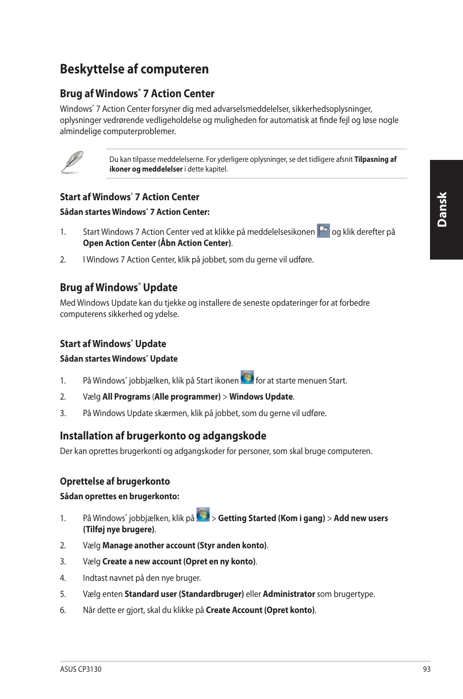 Beskyttelse af computeren, Dansk, Brug.af.windows | Action.center, Update, Installation.af.brugerkonto.og.adgangskode | Asus CP3130 User Manual | Page 95 / 342