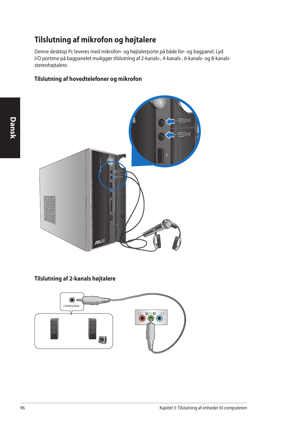 Tilslutning af mikrofon og højtalere, Tilslutning.af.mikrofon.og.højtalere, Dansk | Asus CP3130 User Manual | Page 98 / 342