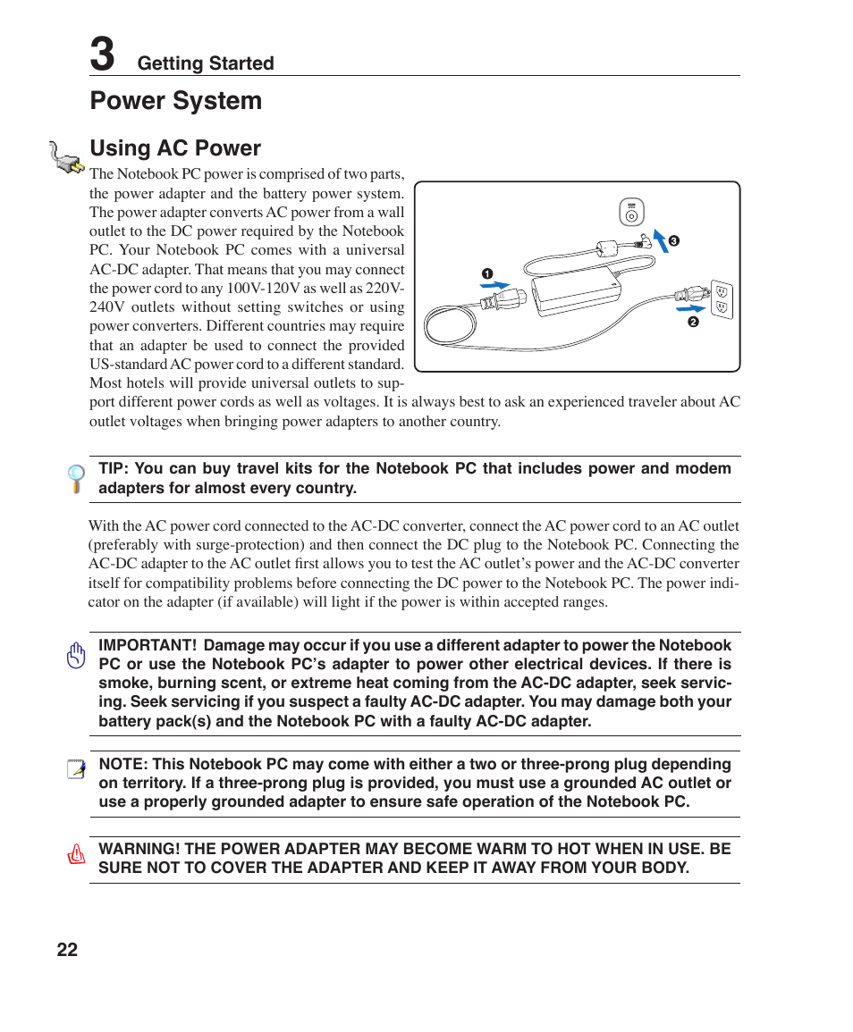 Power system, Using ac power | Asus F3P User Manual | Page 22 / 75