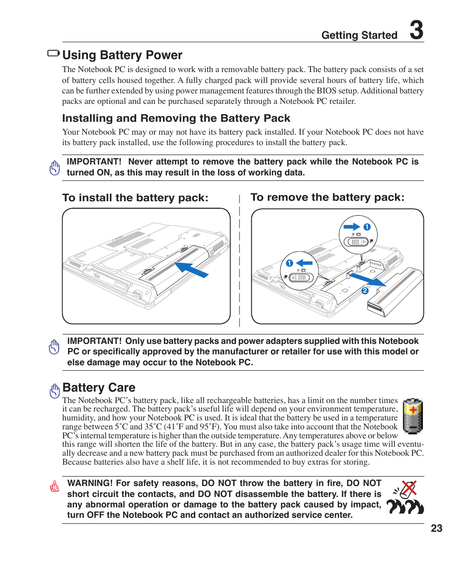 Using battery power, Battery care, 23 getting started | Installing and removing the battery pack | Asus F3P User Manual | Page 23 / 75