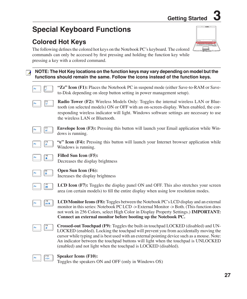 Special keyboard functions, Colored hot keys | Asus F3P User Manual | Page 27 / 75