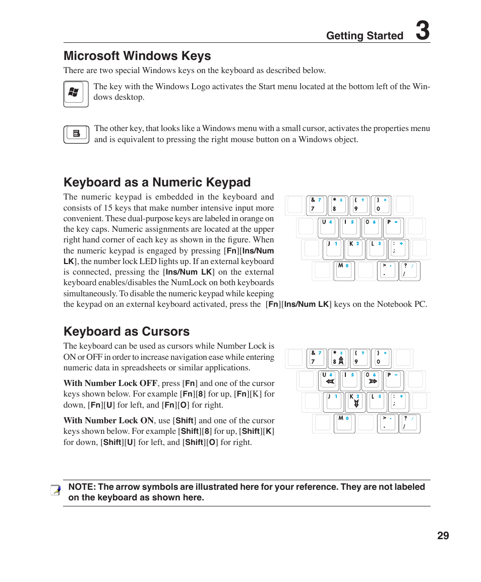 Microsoft windows keys, Keyboard as a numeric keypad, Keyboard as cursors | 2 getting started | Asus F3P User Manual | Page 29 / 75