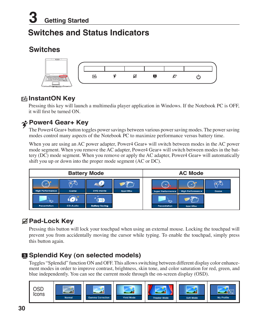 Switches and status indicators, Switches | Asus F3P User Manual | Page 30 / 75