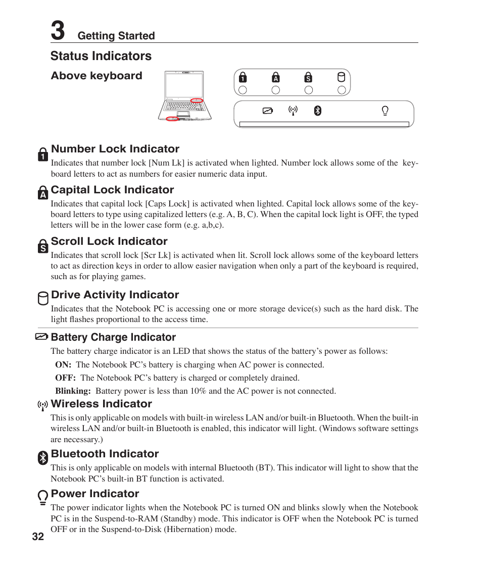 Status indicators | Asus F3P User Manual | Page 32 / 75