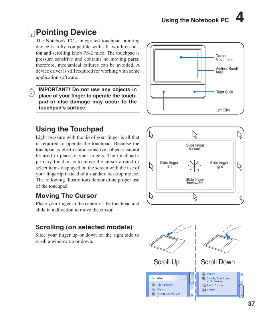 Pointing device, Using the touchpad, Scroll down scroll up | Asus F3P User Manual | Page 37 / 75