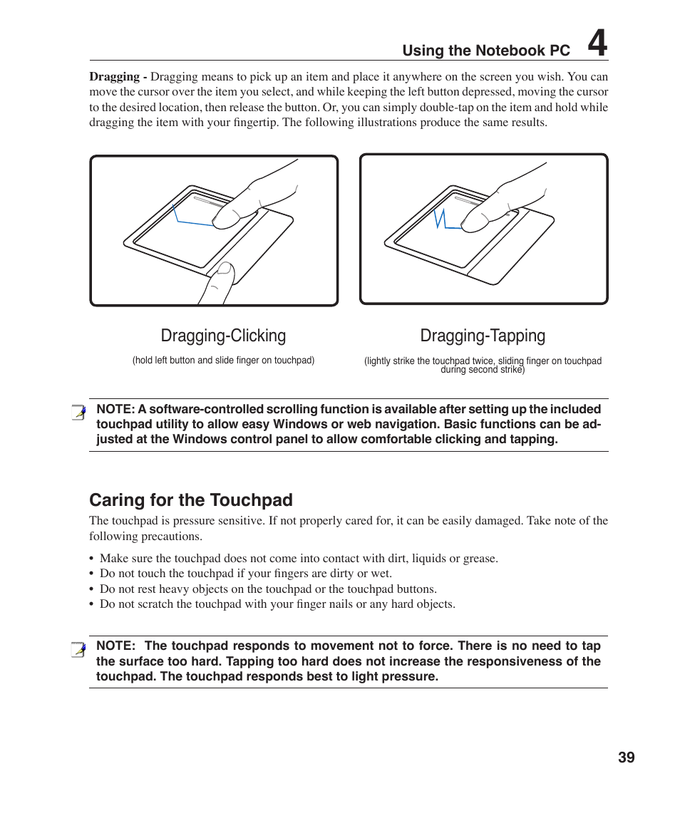 Caring for the touchpad, Dragging-clicking dragging-tapping | Asus F3P User Manual | Page 39 / 75