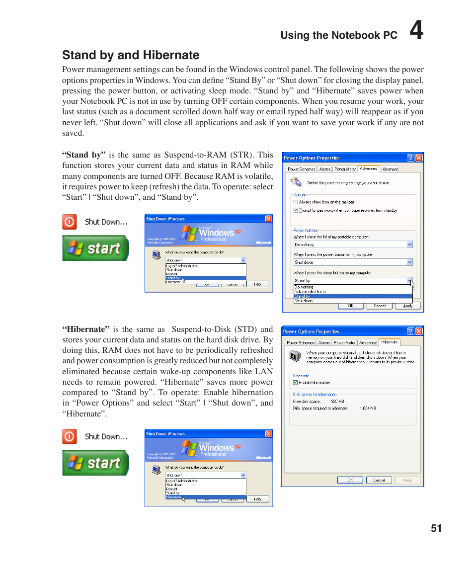 Stand by and hibernate | Asus F3P User Manual | Page 51 / 75