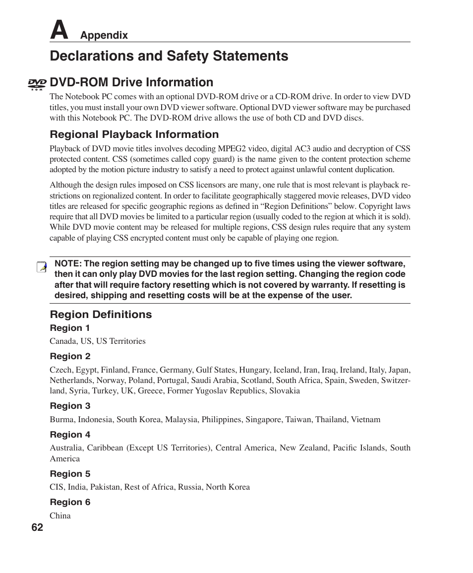 Declarations and safety statements, Dvd-rom drive information | Asus F3P User Manual | Page 62 / 75