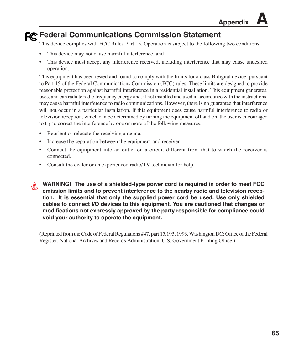 Federal communications commission statement | Asus F3P User Manual | Page 65 / 75