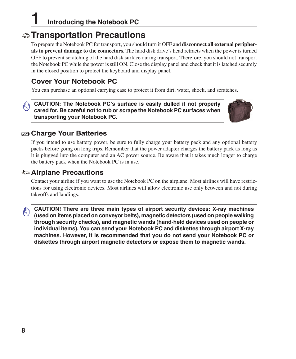 Transportation precautions | Asus F3P User Manual | Page 8 / 75