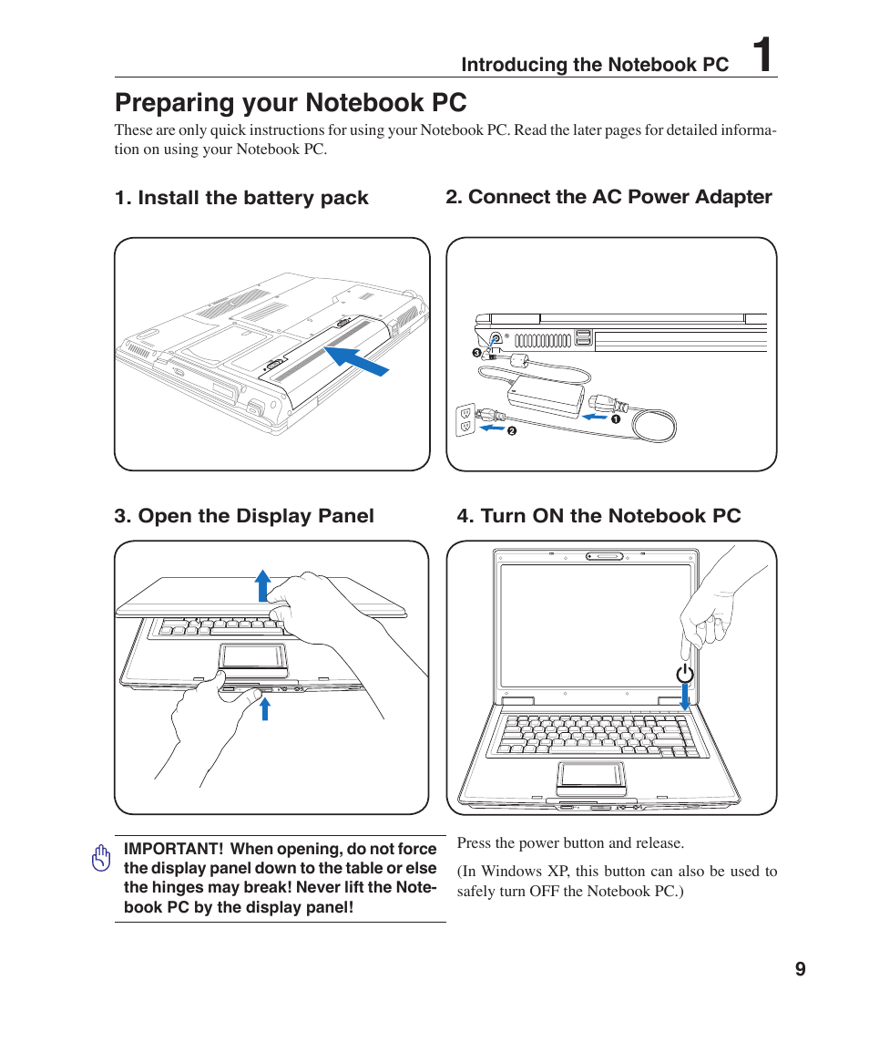 Preparing your notebook pc | Asus F3P User Manual | Page 9 / 75