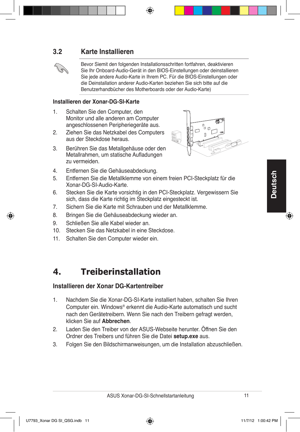 Treiberinstallation treiberinstallation, Deutsch, 2 karte installieren | Asus Xonar DG SI User Manual | Page 11 / 26