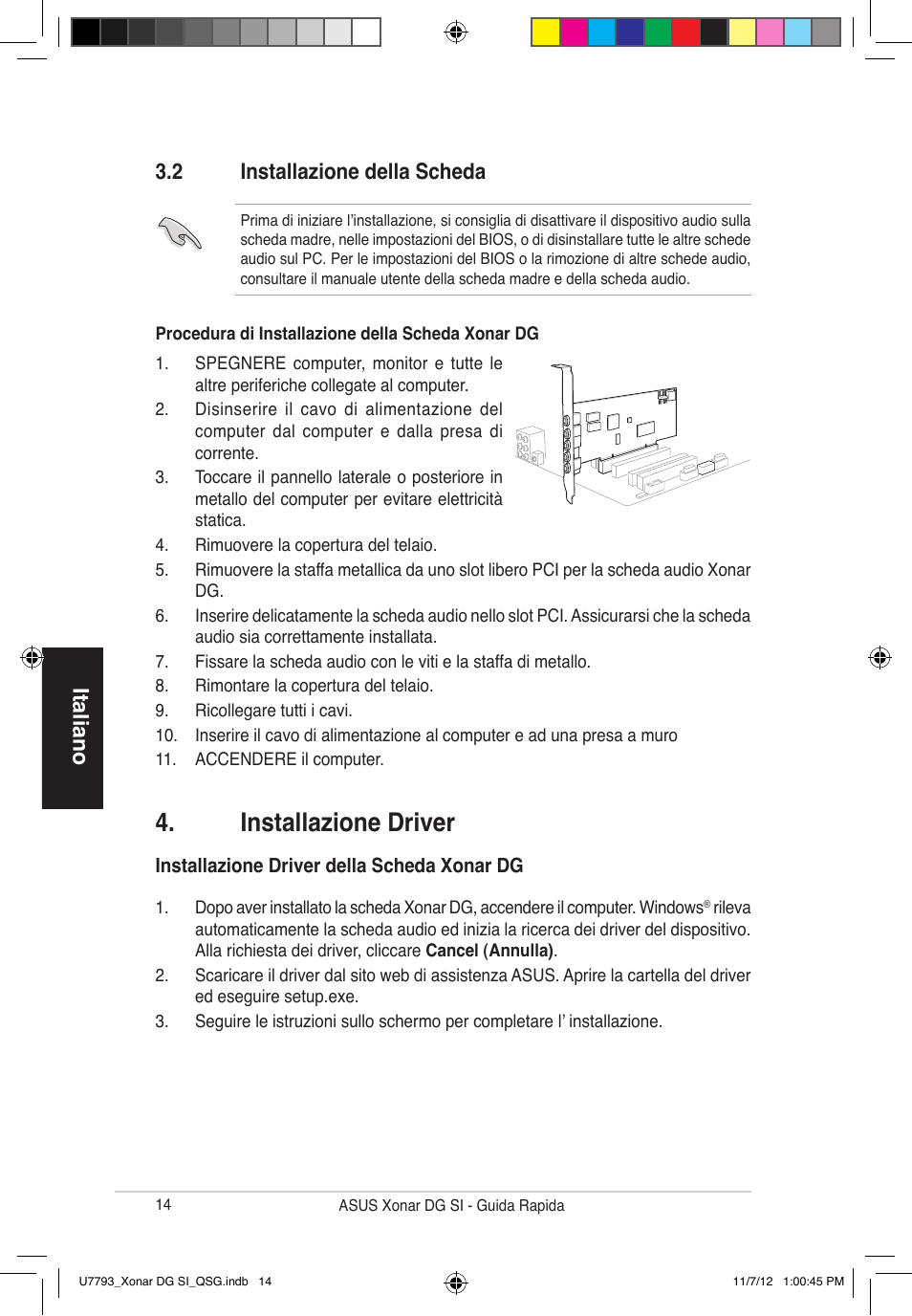 Installazione driver, Italiano, 2 installazione della scheda | Asus Xonar DG SI User Manual | Page 14 / 26