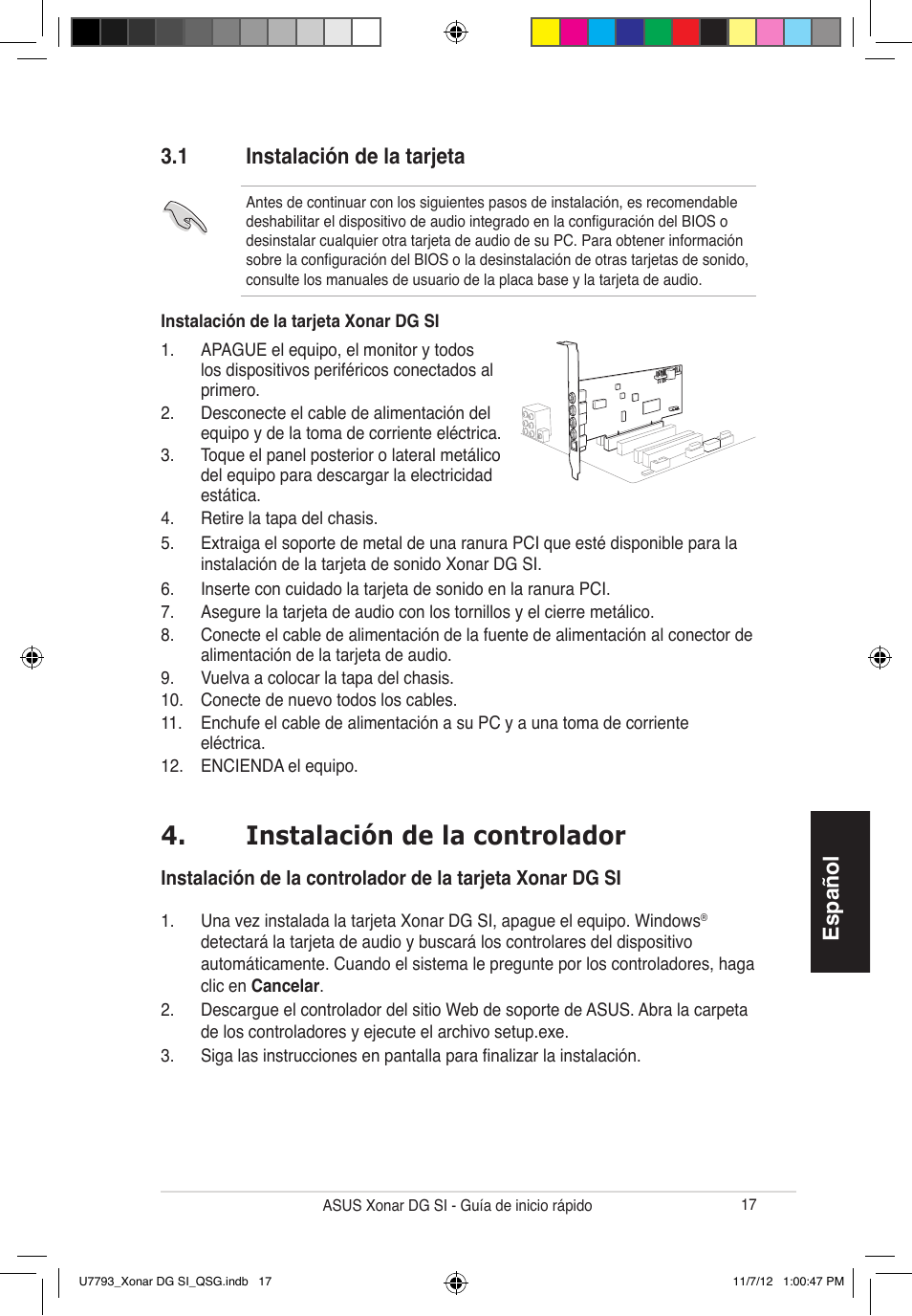 Instalación de la controlador, Español, 1 instalación de la tarjeta | Asus Xonar DG SI User Manual | Page 17 / 26