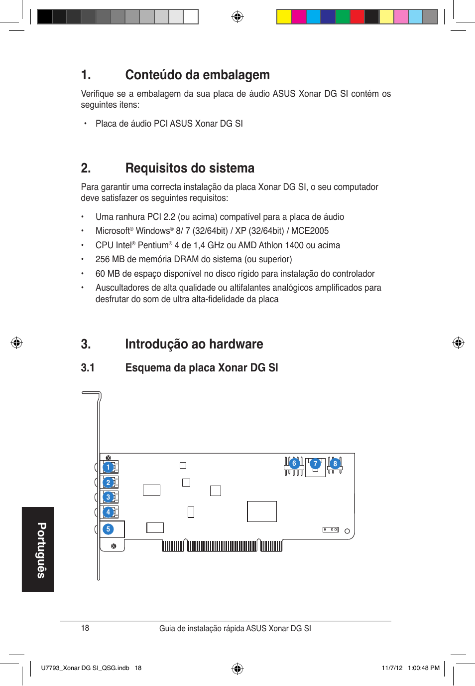 Conteúdo da embalagem, Requisitos do sistema, Introdução ao hardware | Português, 1 esquema da placa xonar dg si | Asus Xonar DG SI User Manual | Page 18 / 26