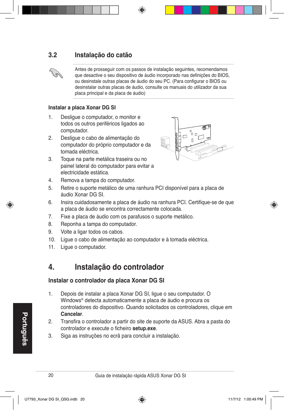 Instalação do controlador, Português, 2 instalação do catão | Asus Xonar DG SI User Manual | Page 20 / 26