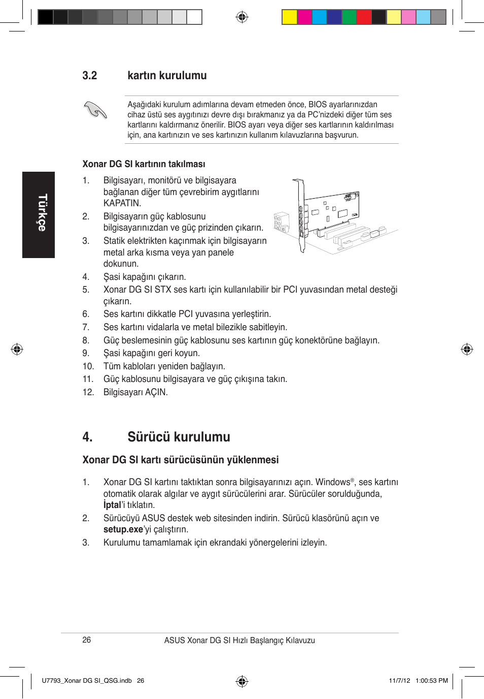 Sürücü kurulumu, Türkçe, 2 kartın kurulumu | Asus Xonar DG SI User Manual | Page 26 / 26