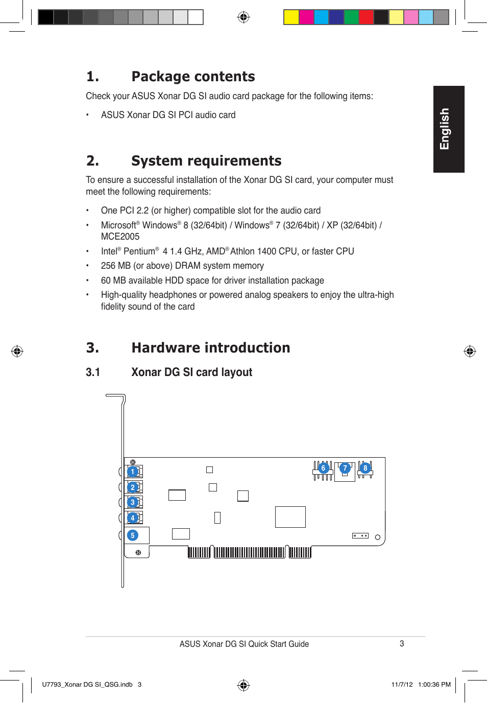 Package contents, System requirements, Hardware introduction | English, 1 xonar dg si card layout | Asus Xonar DG SI User Manual | Page 3 / 26