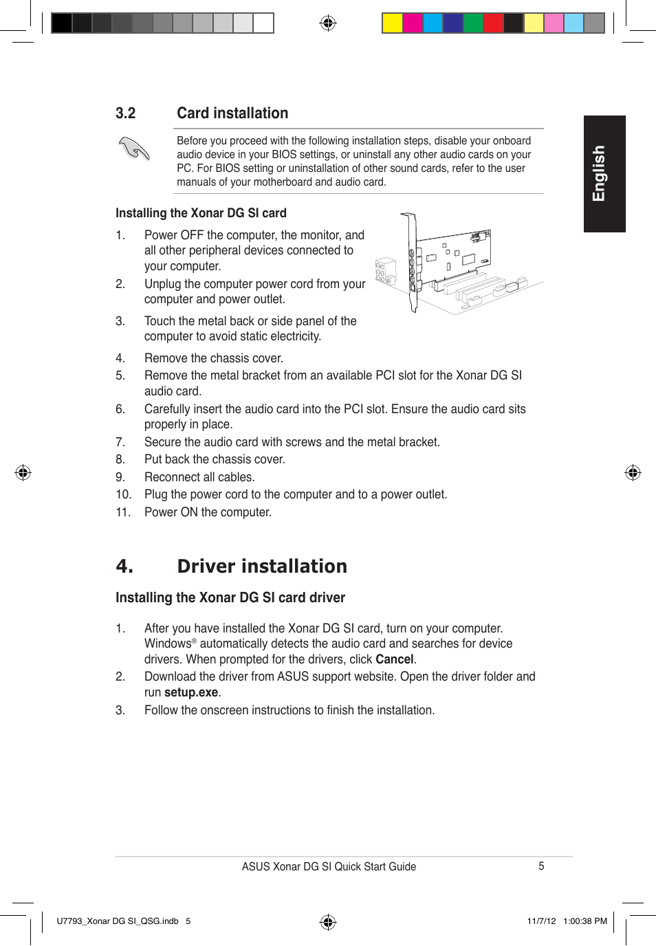 Driver installation, English, English 3.2 card installation | Asus Xonar DG SI User Manual | Page 5 / 26