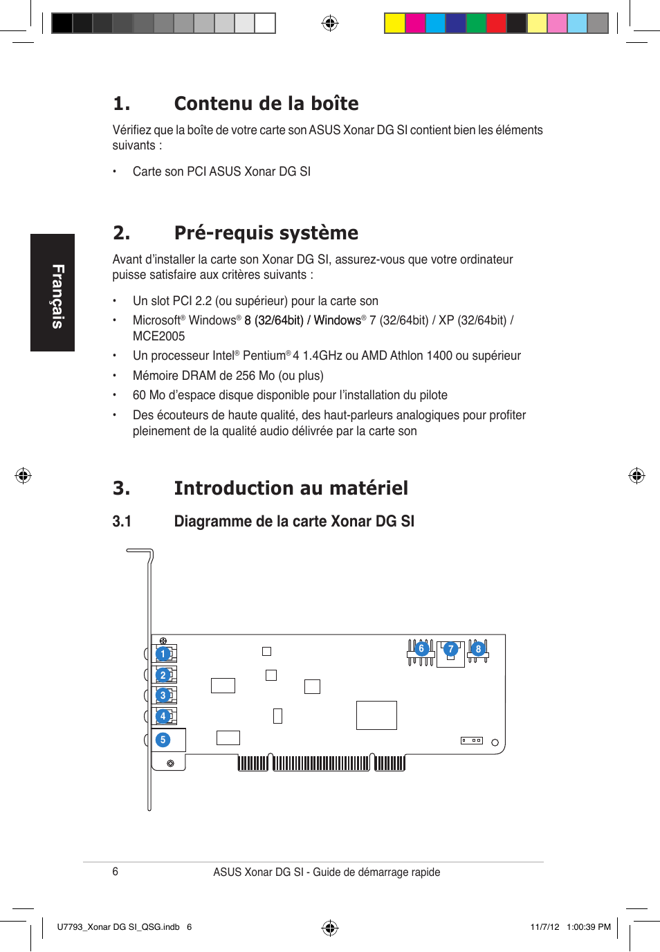 Contenu de la boîte, Pré-requis système, Introduction au matériel | Français, 1 diagramme de la carte xonar dg si | Asus Xonar DG SI User Manual | Page 6 / 26