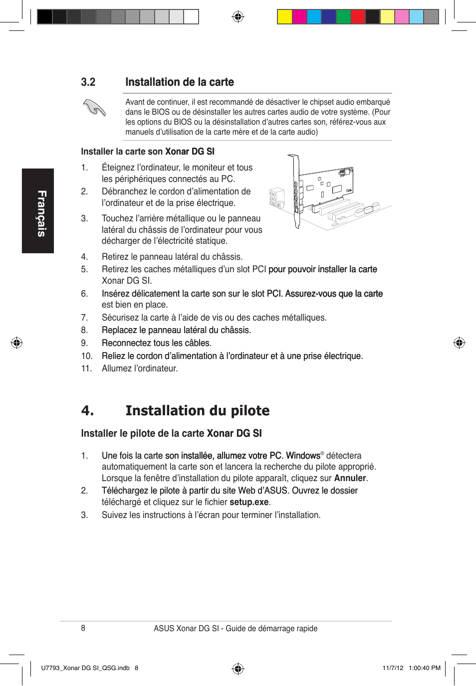 Installation du �ilote installation du �ilote, Français | Asus Xonar DG SI User Manual | Page 8 / 26