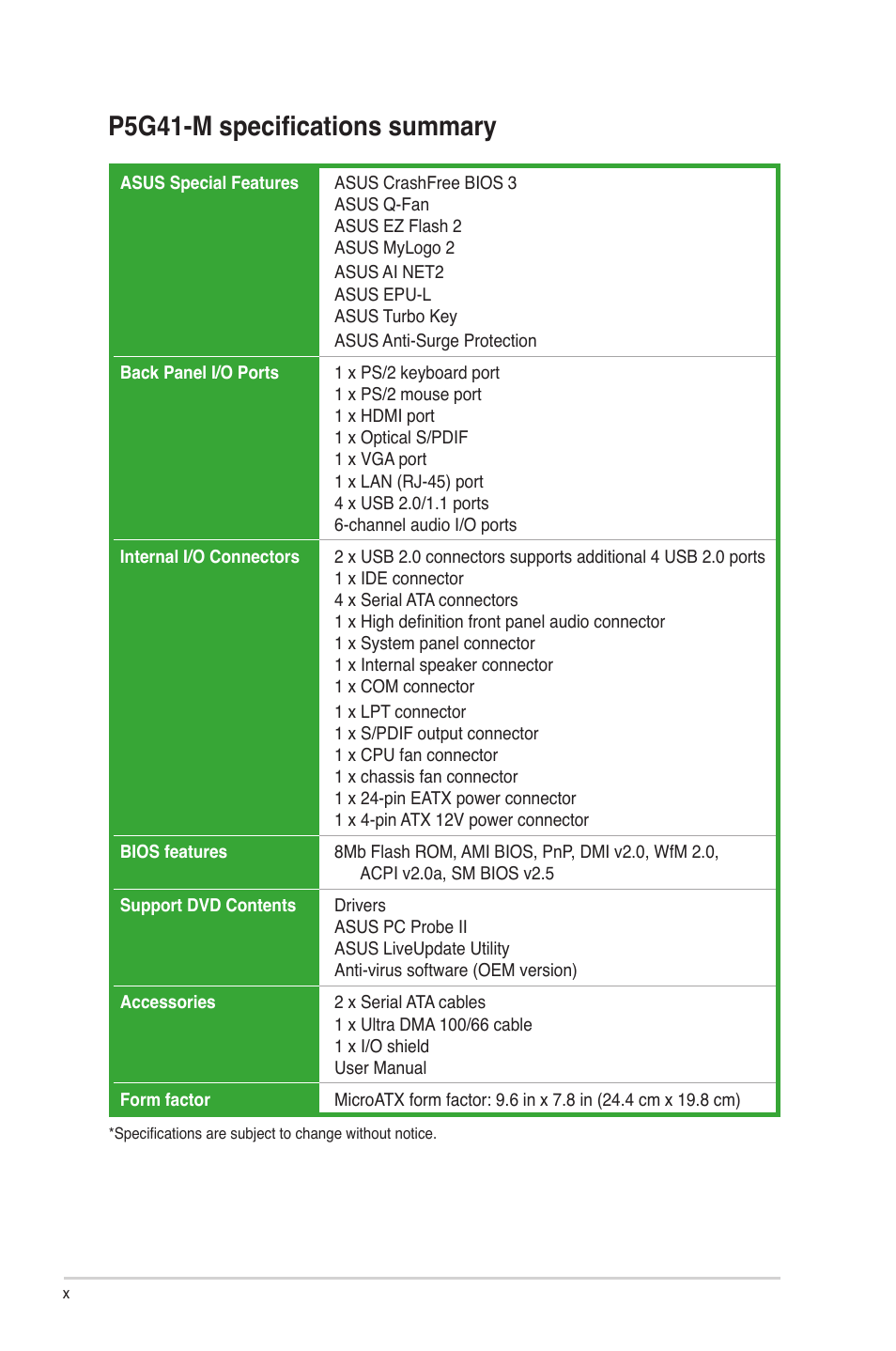 P5g41-m specifications summary | Asus P5G41-M User Manual | Page 10 / 62