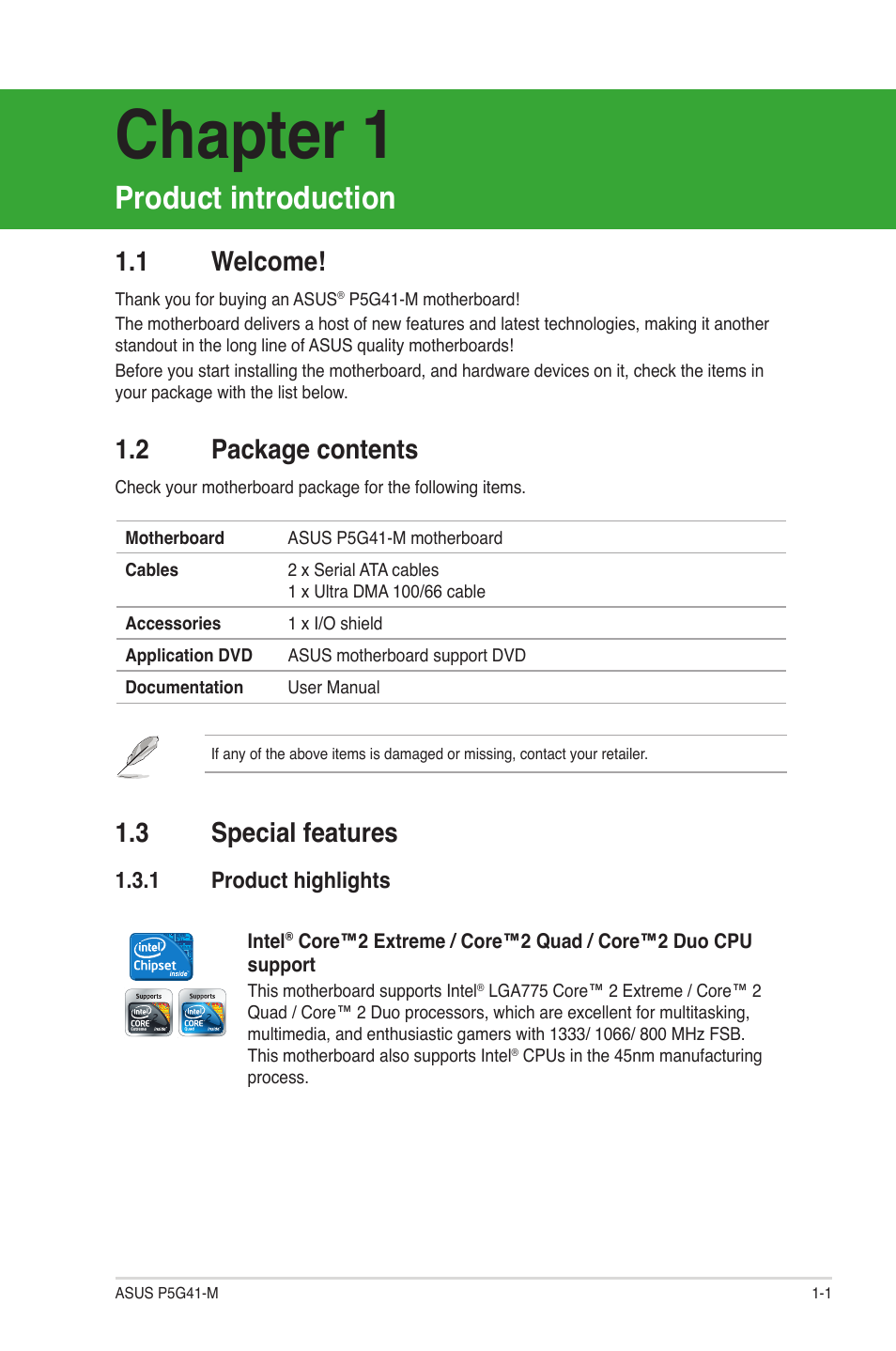 Chapter 1, Product introduction, 3 special features | 1 welcome, 2 package contents | Asus P5G41-M User Manual | Page 11 / 62