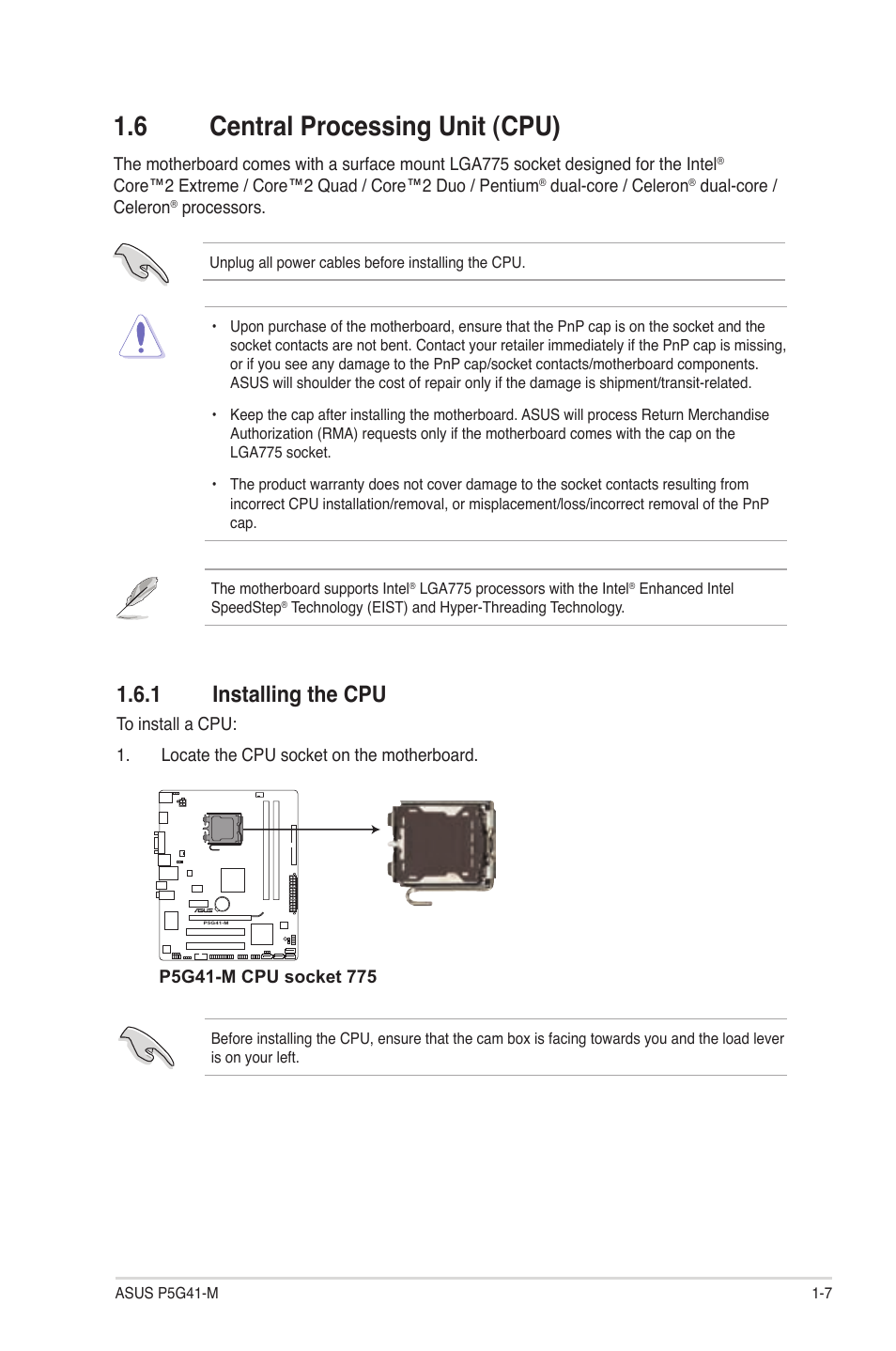 6 central processing unit (cpu), 1 installing the cpu | Asus P5G41-M User Manual | Page 17 / 62