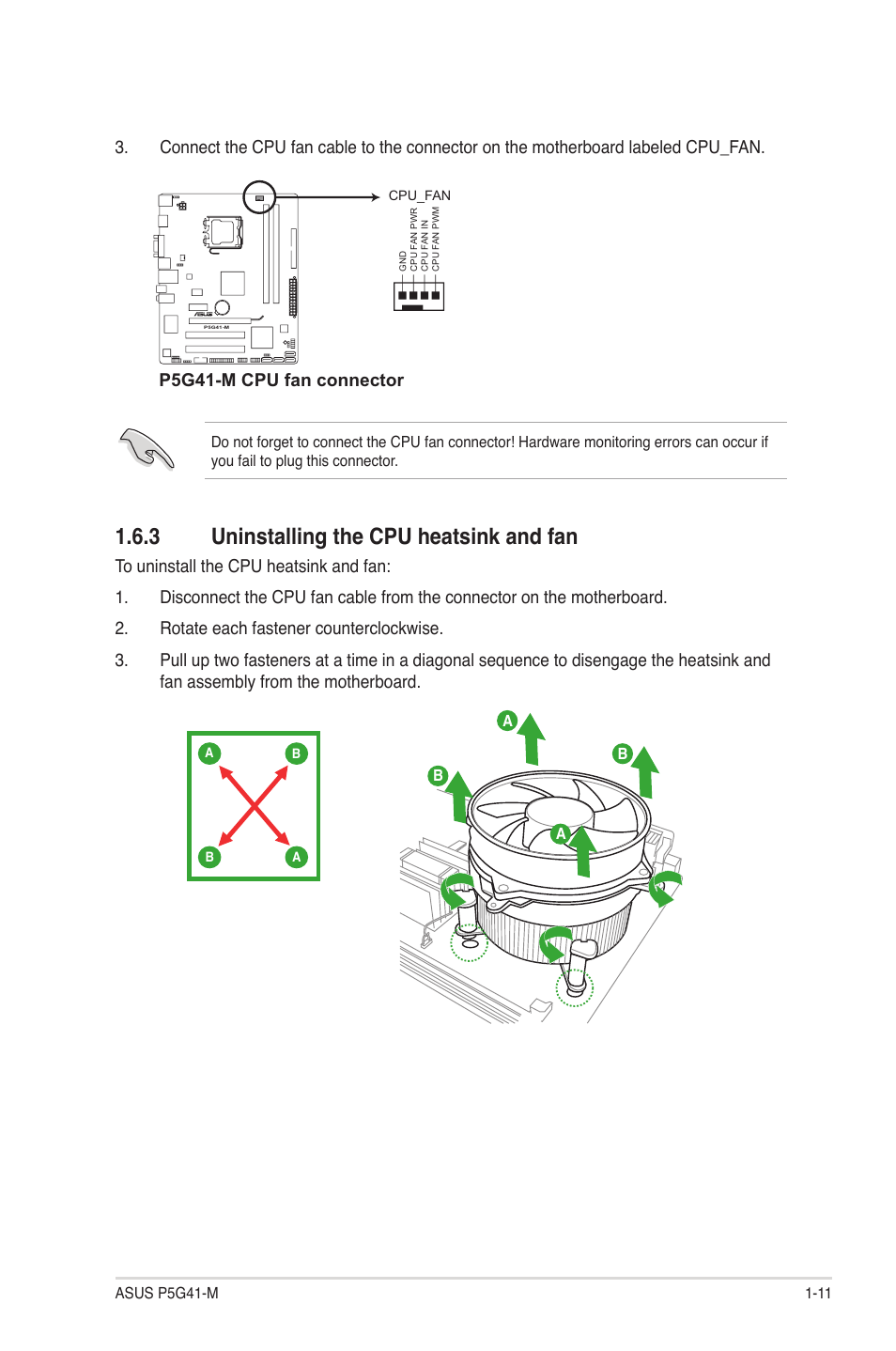 3 uninstalling the cpu heatsink and fan, P5g41-m cpu fan connector | Asus P5G41-M User Manual | Page 21 / 62