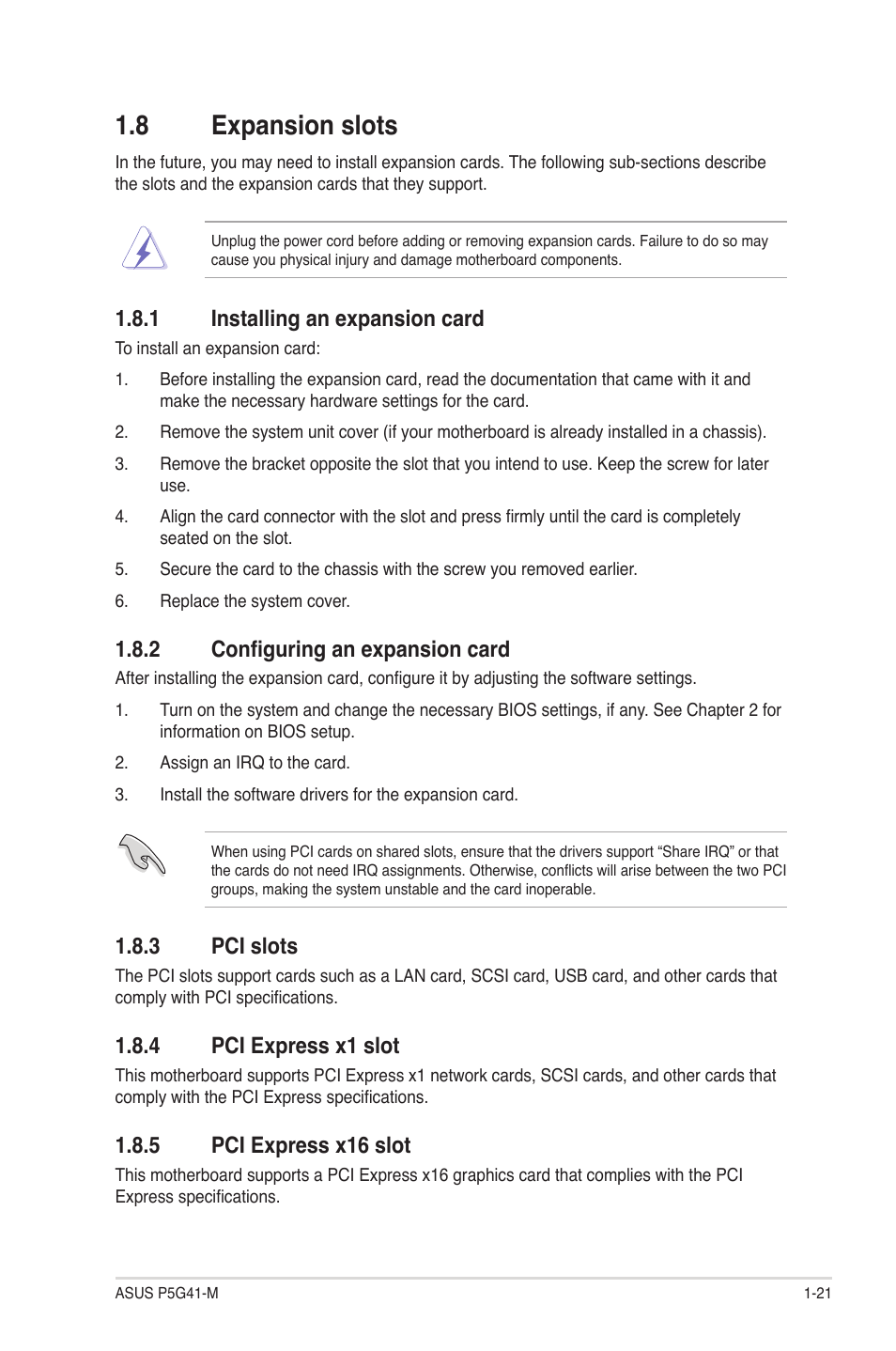 8 expansion slots, 1 installing an expansion card, 2 configuring an expansion card | 3 pci slots, 4 pci express x1 slot, 5 pci express x16 slot | Asus P5G41-M User Manual | Page 31 / 62