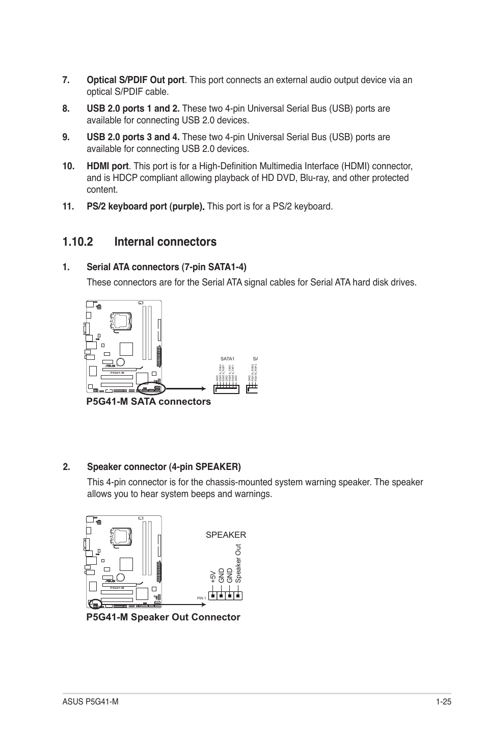 2 internal connectors, P5g41-m sata connectors, P5g41-m speaker out connector | Speaker | Asus P5G41-M User Manual | Page 35 / 62