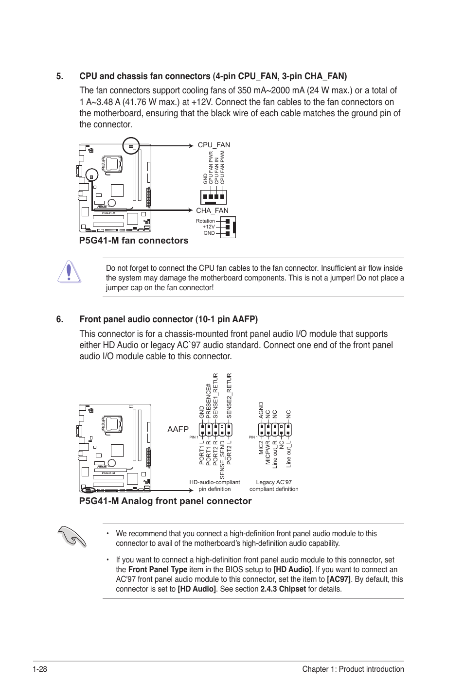 P5g41-m analog front panel connector, P5g41-m fan connectors, Aafp | Asus P5G41-M User Manual | Page 38 / 62