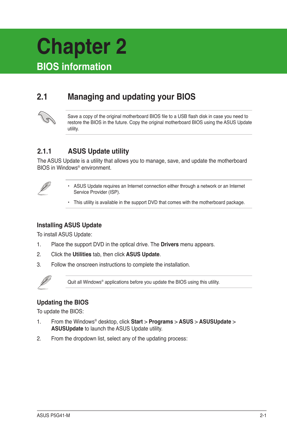 Chapter 2, Bios information, 1 managing and updating your bios | 1 asus update utility | Asus P5G41-M User Manual | Page 43 / 62