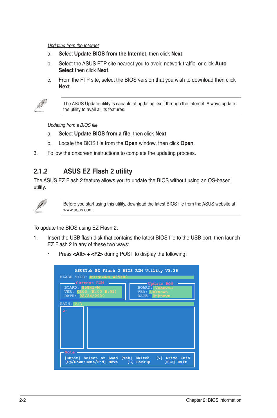 2 asus ez flash 2 utility | Asus P5G41-M User Manual | Page 44 / 62