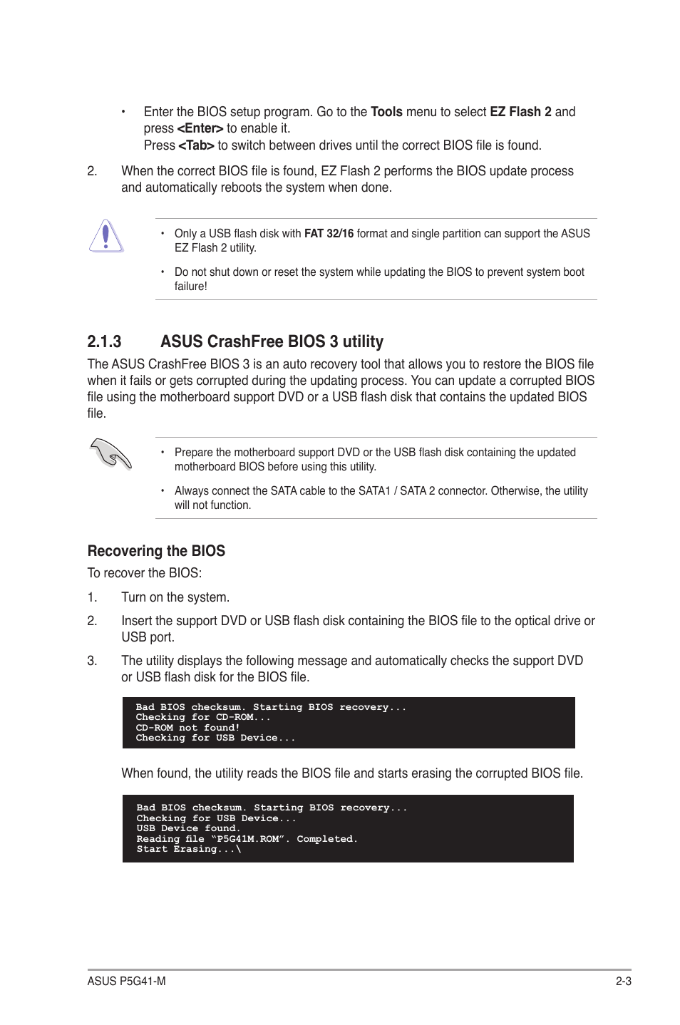 3 asus crashfree bios 3 utility, Recovering the bios | Asus P5G41-M User Manual | Page 45 / 62