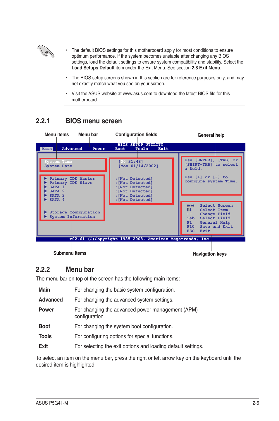 2 menu bar, 1 bios menu screen | Asus P5G41-M User Manual | Page 47 / 62