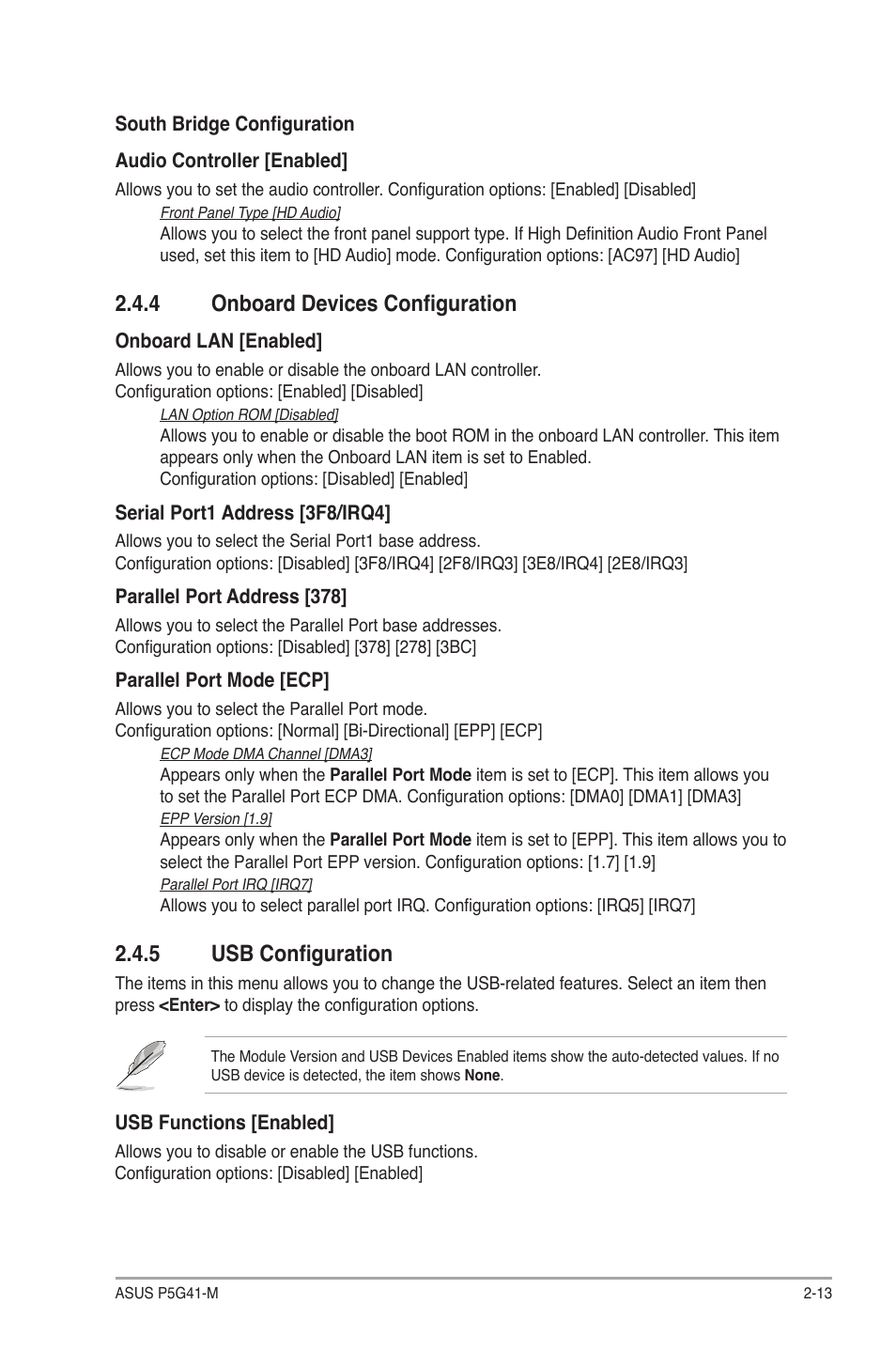 4 onboard devices configuration, 5 usb configuration | Asus P5G41-M User Manual | Page 55 / 62