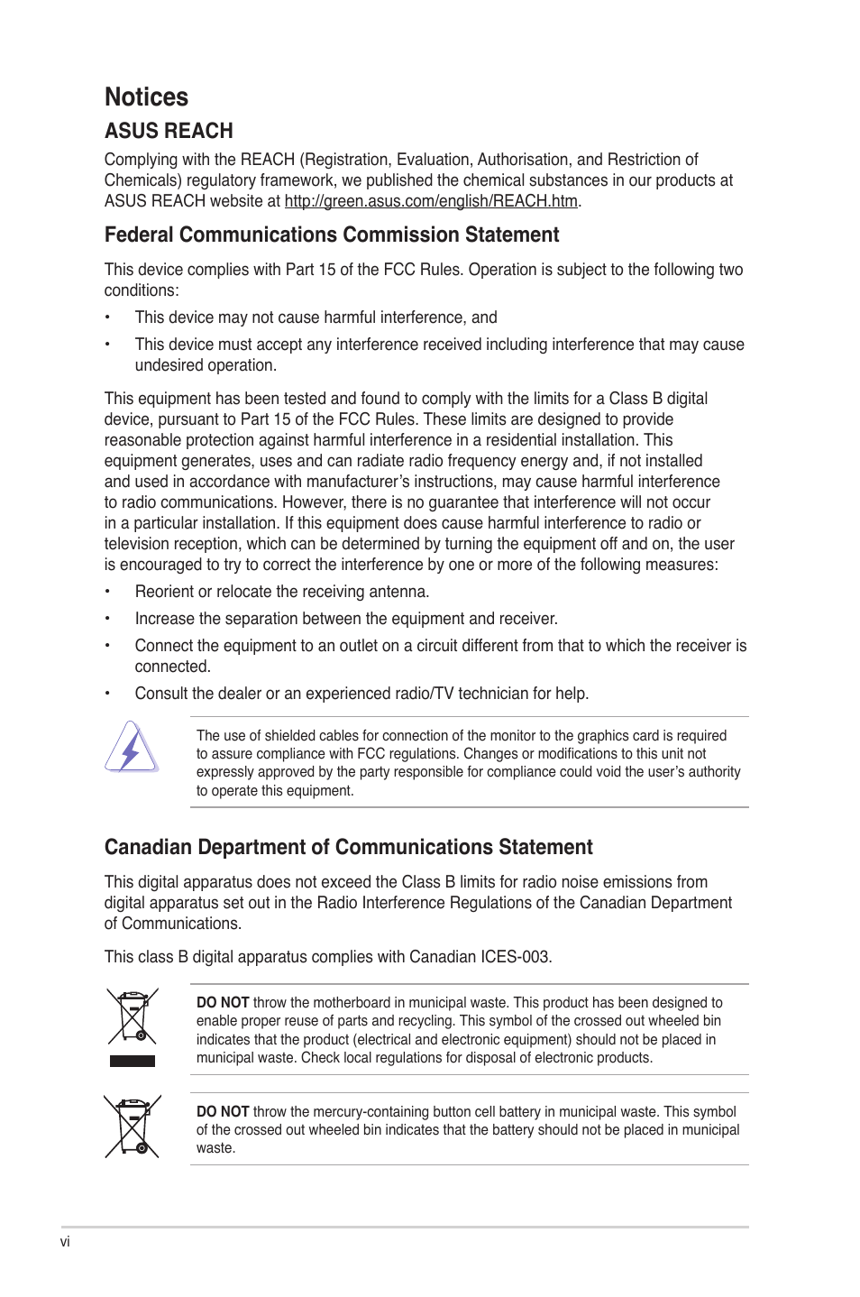 Notices, Asus reach, Federal communications commission statement | Canadian department of communications statement | Asus P5G41-M User Manual | Page 6 / 62