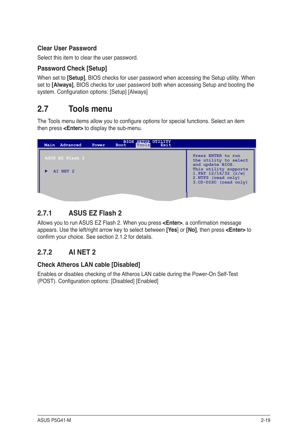7 tools menu, 1 asus ez flash 2, 2 ai net 2 | Asus P5G41-M User Manual | Page 61 / 62